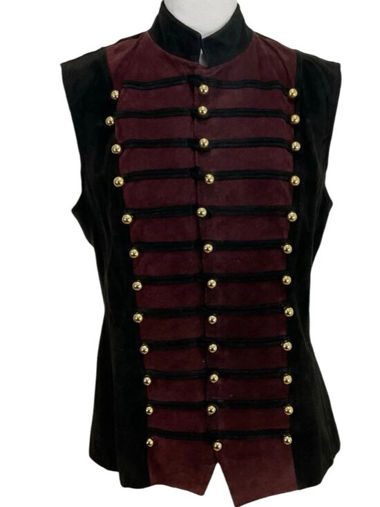 Vintage Caché Burgundy Black Suede Military Vest Band Brass Button Sz 10 Leather - Picture 1 of 9